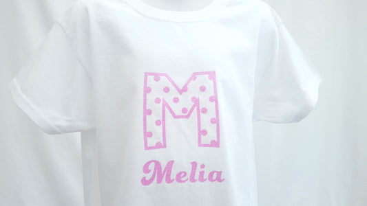 Girls Personalised Pink Glitter T-shirt | Personalised Girls Pink Glitter White Tshirt | Cotton| Choose Letter Design & Font.