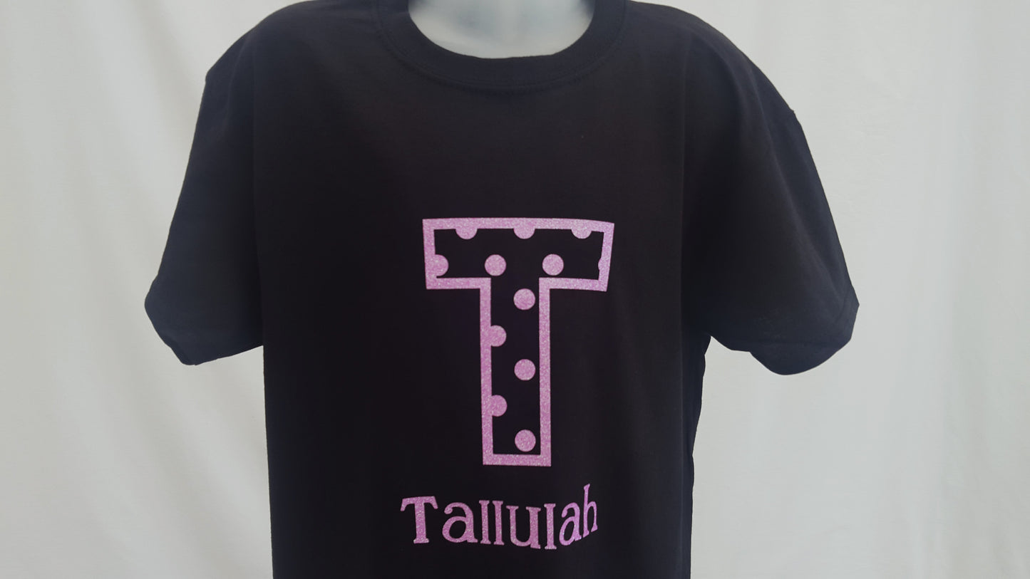 Girls Personalised Pink Glitter T-shirt | Personalised Girls Pink Glitter White Tshirt | Cotton| Choose Letter Design & Font.