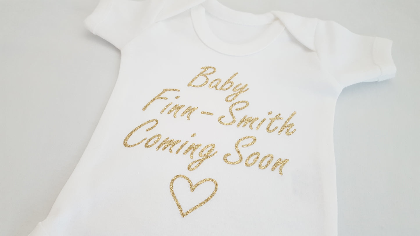 Gold Glitter Baby Announcement Vest | Personalised Pregnancy Reveal | Baby Shower Gift | Add Name & Due Date