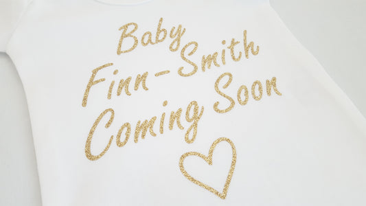 Gold Glitter Baby Announcement Vest | Personalised Pregnancy Reveal | Baby Shower Gift | Add Name & Due Date