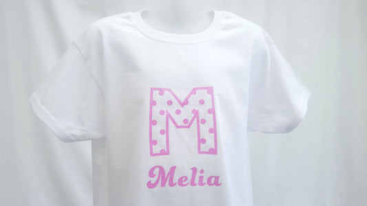 Girls Personalised Pink Glitter T-shirt | Personalised Girls Pink Glitter White Tshirt | Cotton| Choose Letter Design & Font.