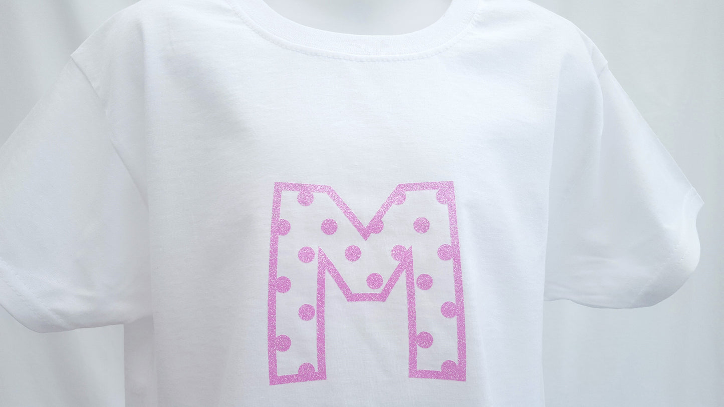 Girls Personalised Pink Glitter T-shirt | Personalised Girls Pink Glitter White Tshirt | Cotton| Choose Letter Design & Font.