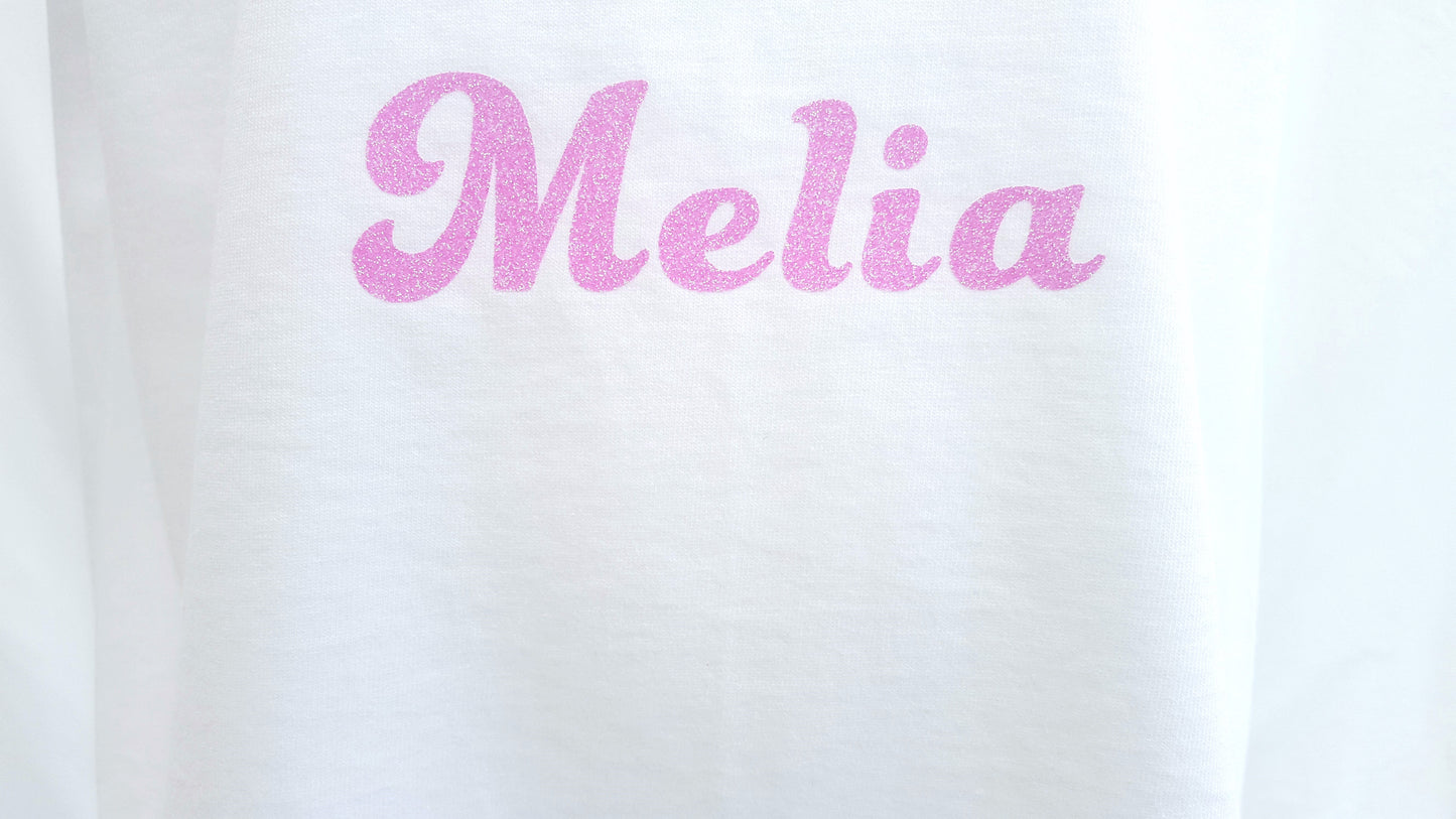 Girls Personalised Pink Glitter T-shirt | Personalised Girls Pink Glitter White Tshirt | Cotton| Choose Letter Design & Font.