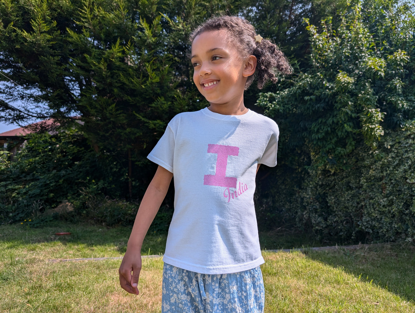 Girls Personalised Pink Glitter T-shirt | Personalised Girls Pink Glitter White Tshirt | Cotton| Choose Letter Design & Font.