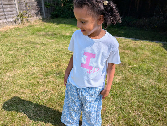 Girls Personalised Pink Glitter T-shirt | Personalised Girls Pink Glitter White Tshirt | Cotton| Choose Letter Design & Font.