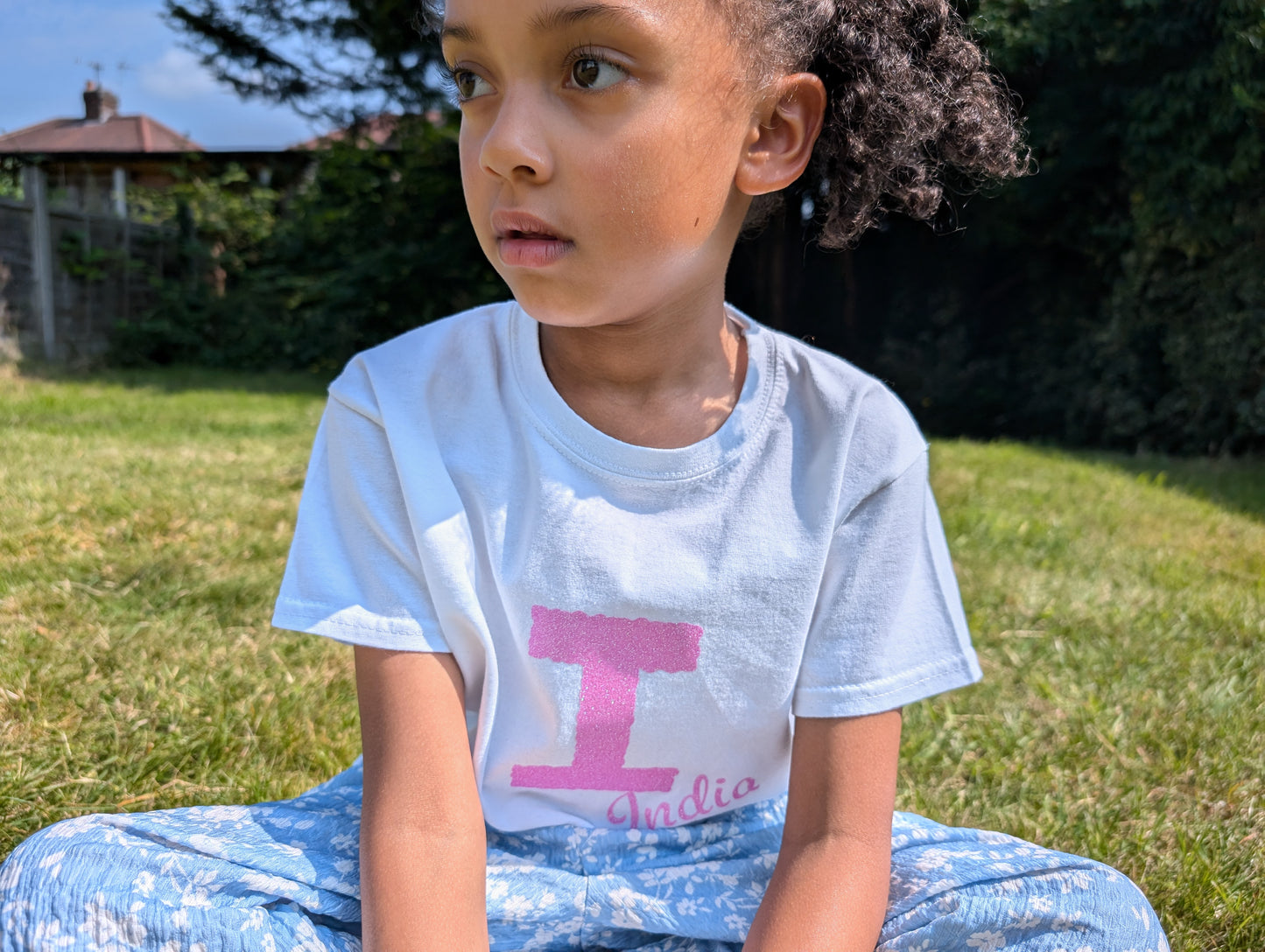 Girls Personalised Pink Glitter T-shirt | Personalised Girls Pink Glitter White Tshirt | Cotton| Choose Letter Design & Font.