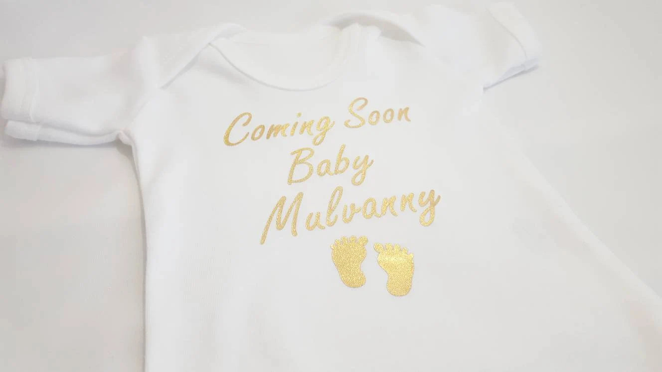 Gold Glitter Baby Announcement Vest | Personalised Pregnancy Reveal | Baby Shower Gift | Add Name & Due Date
