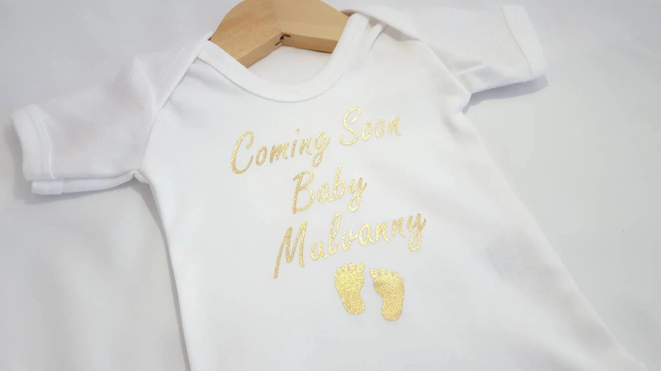 Gold Glitter Baby Announcement Vest | Personalised Pregnancy Reveal | Baby Shower Gift | Add Name & Due Date