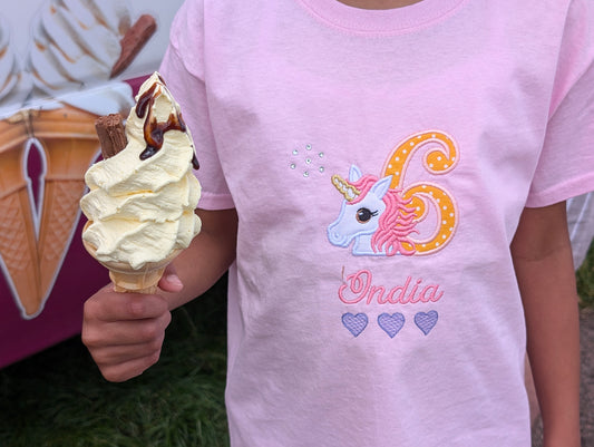 Girls Personalised Pink Unicorn T-Shirt with Purple Hearts