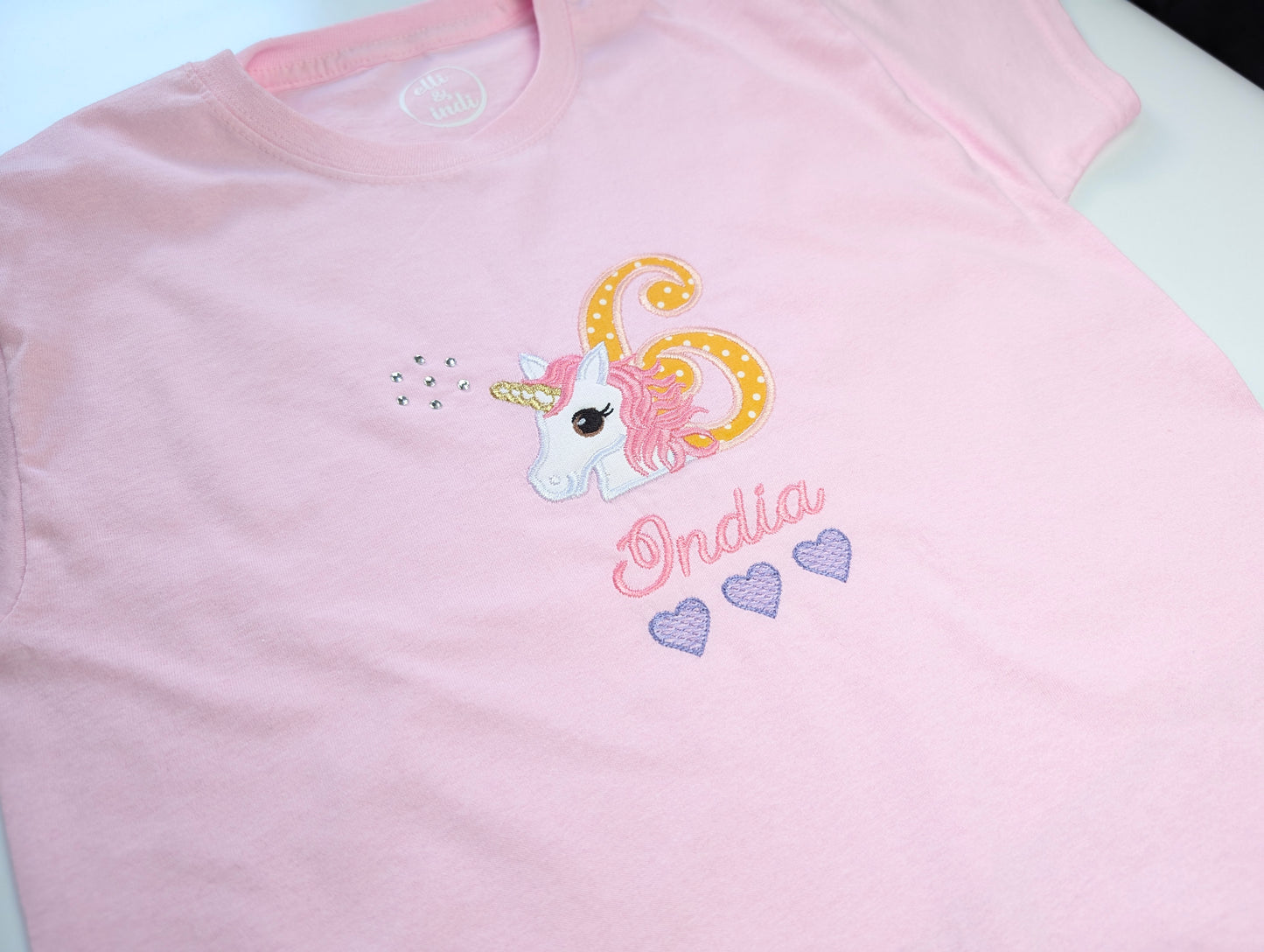 Girls Personalised Pink Unicorn T-Shirt with Purple Hearts