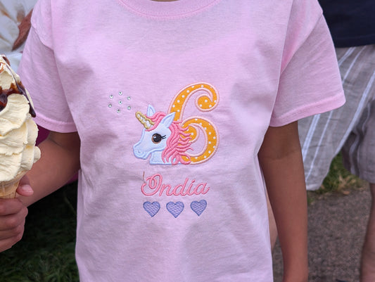 Girls Personalised Pink Unicorn T-Shirt with Purple Hearts